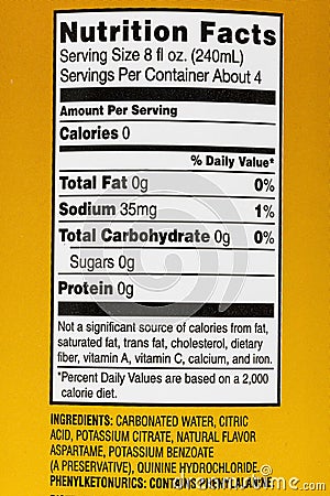 Tonic carbonated water nutrition facts label calories Stock Photo