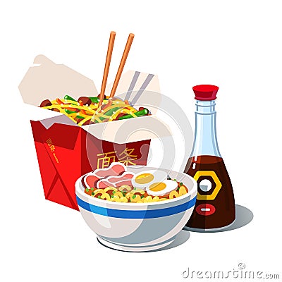 Tonkotsu ramen soup bowl with noodles, chopsticks, carton takeaway box. Traditional Chinese, Japanese dish set Vector Illustration