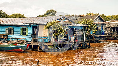 Cambodian people live on Tonle Sap Lake in Siem Reap, Cambodia. The floating village on Tonle Sap lake Editorial Stock Photo