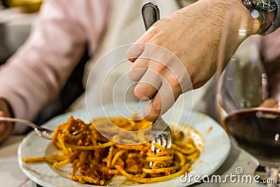 Tonnarelli with amatriciana Stock Photo