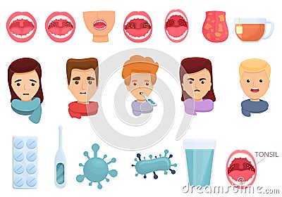 Tonsillitis icons set, cartoon style Vector Illustration