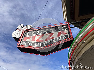 Tony's Pizza Napoletana restaurant sign in the North Beach neighborhood. - San Francisco, California, USA - October, 2022 Editorial Stock Photo