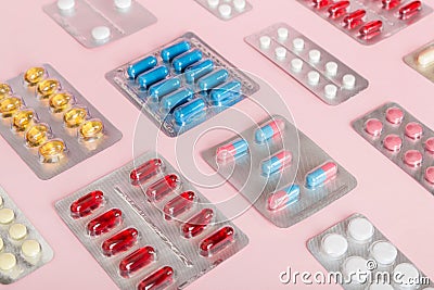 too many different pill of various blisters with different pills Medicines storage at home concept Medication storing. A Stock Photo