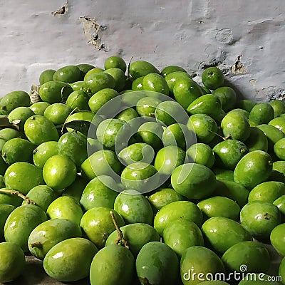Too many Mangos in bucket green Stock Photo