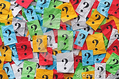 Too Many Questions. Colourful question marks background Stock Photo