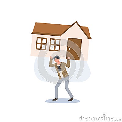 Too much expense to pay for debt and loan concept, tried depressed man carrying big expensive house. Overpay in real estate and Vector Illustration