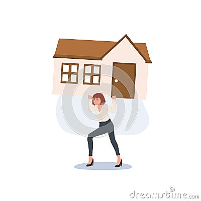 Too much expense to pay for debt and loan concept, tried depressed woman carrying big expensive house. Overpay in real estate and Vector Illustration