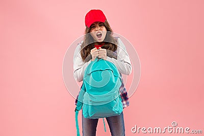 Too much knowledge. Little child carry heavy backpack. Back to school. Education and study. Knowledge skills abilities Stock Photo