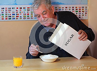 Too much sugar in cereals for breakfast. Stock Photo