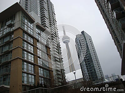 CN Tower downtown Toronto on a cloudy day. Editorial Stock Photo