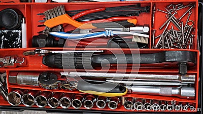 Tool box with material for DIY. Useful tools for creating interiors of houses or creating creative projects. Editorial Stock Photo