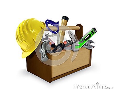 Tool box with Tools and Protective Helmet Stock Photo