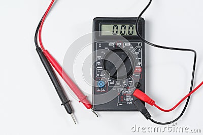 Tool for checking electrical circuits. Digital multimeter on white background Stock Photo