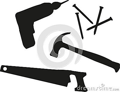 Tool kits - cordless screwdriver, screws, hammer, saw Vector Illustration