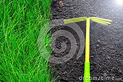 Tool for manual tillage on a field background Stock Photo