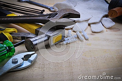 Tool renovation on wood table Stock Photo