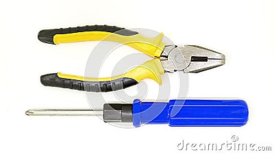 Tool repairing electrical engineering and wiring pair of manual main pliers screwdriver on white background design homework Stock Photo