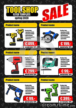 Tool shop product promotion flyer template Vector Illustration