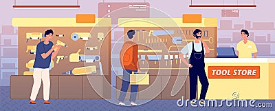 Tool store. Working tools, hardware construction repair instrument. Salesman and customers, repairman builder and worker Vector Illustration