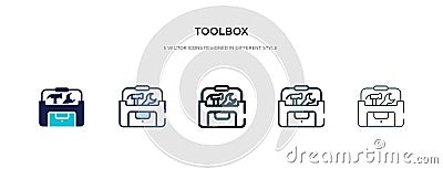 Toolbox icon in different style vector illustration. two colored and black toolbox vector icons designed in filled, outline, line Vector Illustration