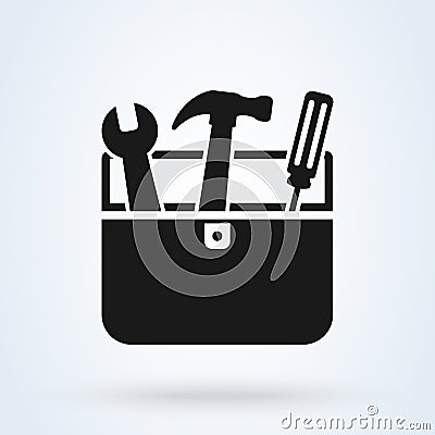 Toolbox with instruments inside. Workman`s toolkit. Workbox in icon style. Vector illustration Vector Illustration