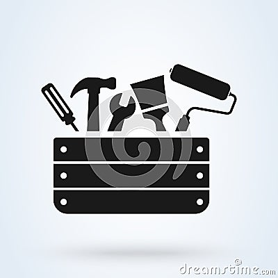 Toolbox with instruments inside. Workman`s toolkit. Workbox in icon style. Vector illustration Vector Illustration