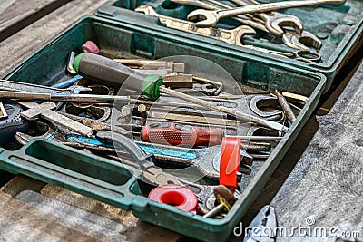 Toolbox in a locksmith shop for repairing mechanical equipment Stock Photo