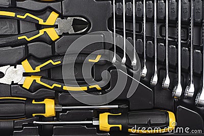 Toolbox, tools kit detail close up. instruments. set of tools. car tool kit. tool set background Stock Photo