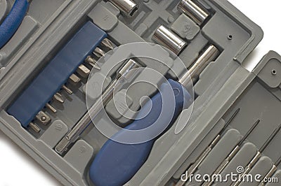 Toolkit of various tools in the box Stock Photo