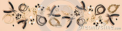 Tools and accessories for DIY jewelry in the workplace. Flat lay on beige background. Creative flat lay, panoramic composition, Stock Photo