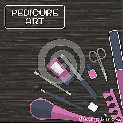 Tools and accessories for manicure and pedicure on wooden background Vector Illustration