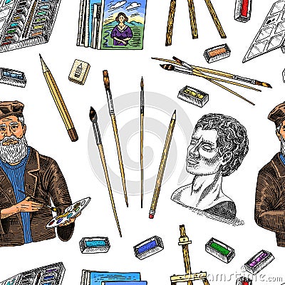 Tools for the artist seamless pattern. Easel, paints, paintings, brushes, pencils. Craft creative people. Equipment Vector Illustration