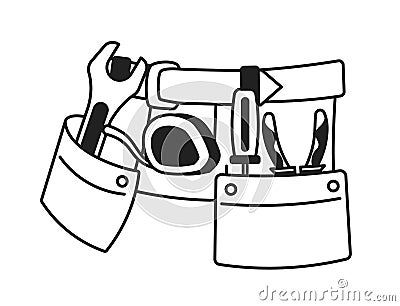 Tools belt on waist black and white 2D cartoon object Vector Illustration