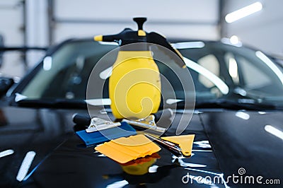 Tools for car tinting closeup, vehicle tuning Stock Photo