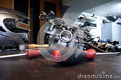 Tools and carburetor Stock Photo