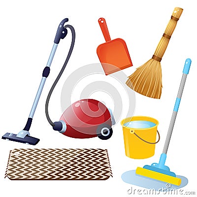 Tools for cleaning and housework. Color images of hoover with carpet, mop with bucket of water, broom with dustpan on white Vector Illustration