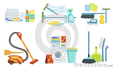 Tools for Cleaning Set, Household Supplies, Washing Machine, Detergent Bottles, Mop, Brush, Vacuum Cleaner Vector Vector Illustration