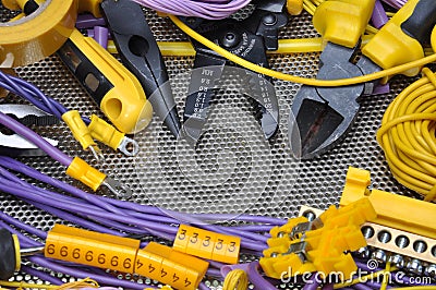 Tools and component for electrical installation Stock Photo