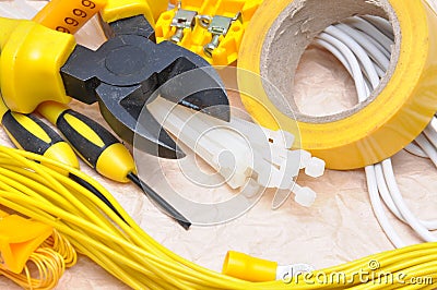 Tools and component for electrical installation Stock Photo