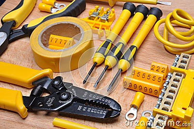 Tools and component for electrical installation Stock Photo