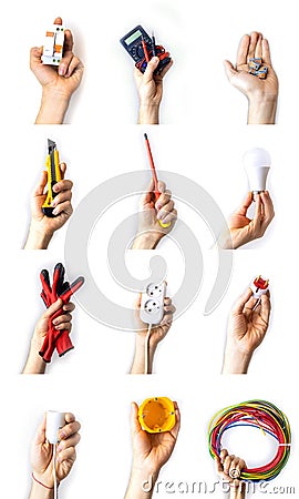 Tools for electricians in hand collage. Selective focus. Stock Photo