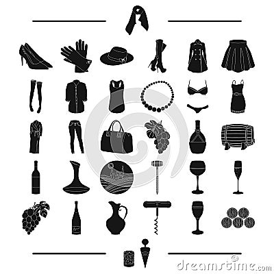Tools, fruits, textiles and other web icon in black style.accessories, clothing, knitwear icons in set collection. Vector Illustration
