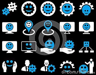 Tools, gears, smiles, map markers icons Stock Photo