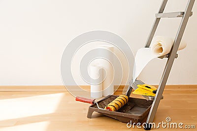 Tools for gluing wallpapers. Renovation Stock Photo
