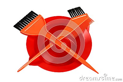 Tools for hair coloring - plastic bowl and brushes isolated on white Stock Photo