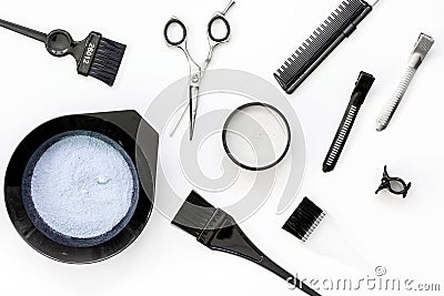 Tools for hair dye and hairdye top view white background Stock Photo