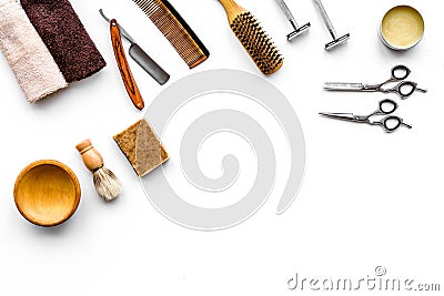 Tools for haircut and shave. Razor, sciccors, brush on white background top view copy space Stock Photo