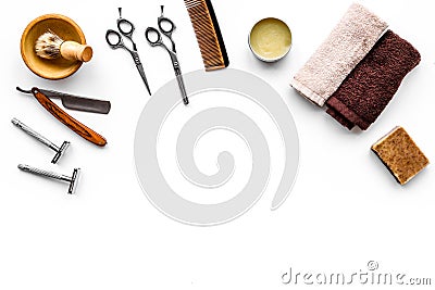 Tools for haircut and shave. Razor, sciccors, brush on white background top view copy space Stock Photo