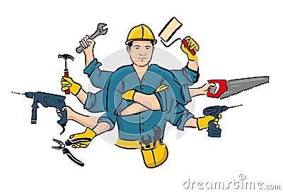 Tools in hand. jack of all trades. handyman. A builder who knows how to do everything. vector illustration Vector Illustration