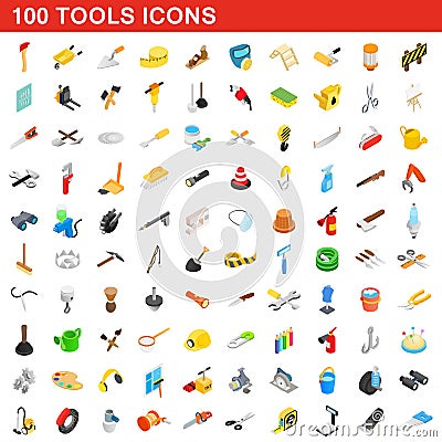 100 tools icons set, isometric 3d style Vector Illustration